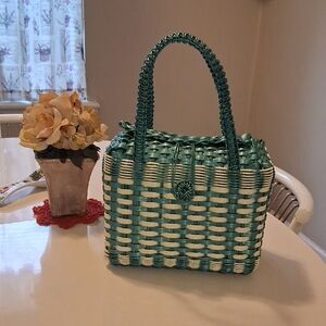 Elegant Mint Green & White Handmade Woven Handbag